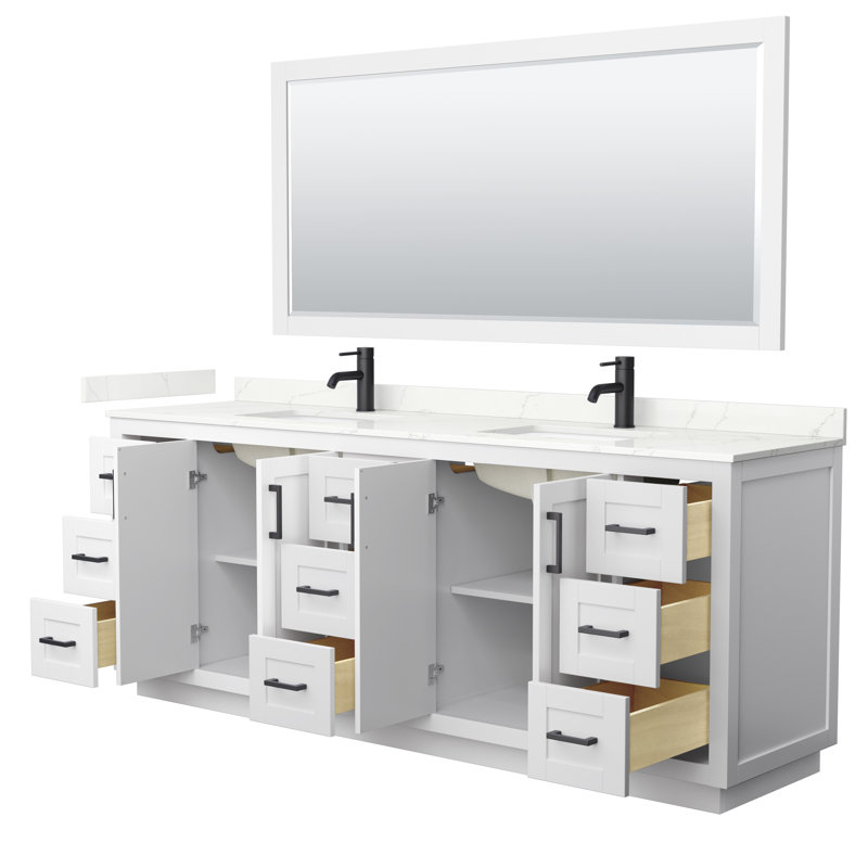 Ensemble de meuble-lavabo double autoportant 84 po avec plateau en quartz Miranda, Quartz Giotto, Blanc, Noir mat