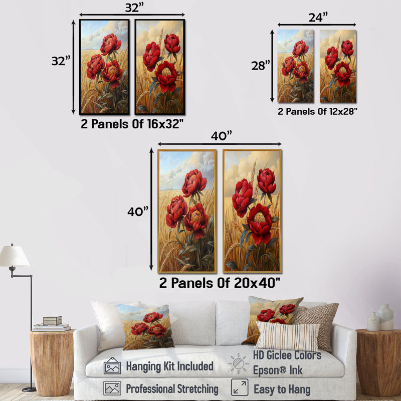 Pivoines rouges dans le champ de céréales I - décoration murale en toile florale 2 panneaux, H 32 po x l 33 po