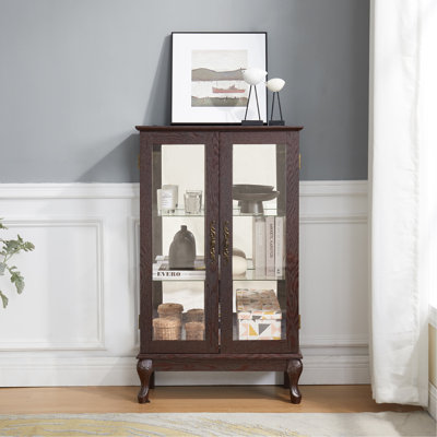 Cherry Curio Cabinet With Tempered Glass Doors, Lighted Display Cabinet With Mirrored Back Panel & Adjustable Shelves Perfect For Home Or Office (Light Bulb Included)