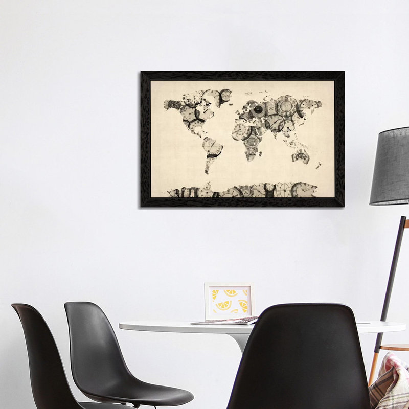 Map Of The World Map From Old Clocks by Michael Tompsett - Floater Frame Print on Canvas, Black Framed