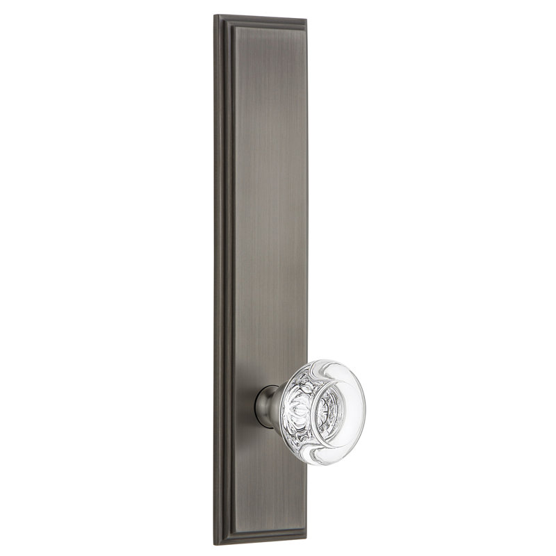 Grandeur Carré Tall Plate Privacy with Bordeaux Crystal Door Knob, Antique Pewter, 2 3/8", Right Handed