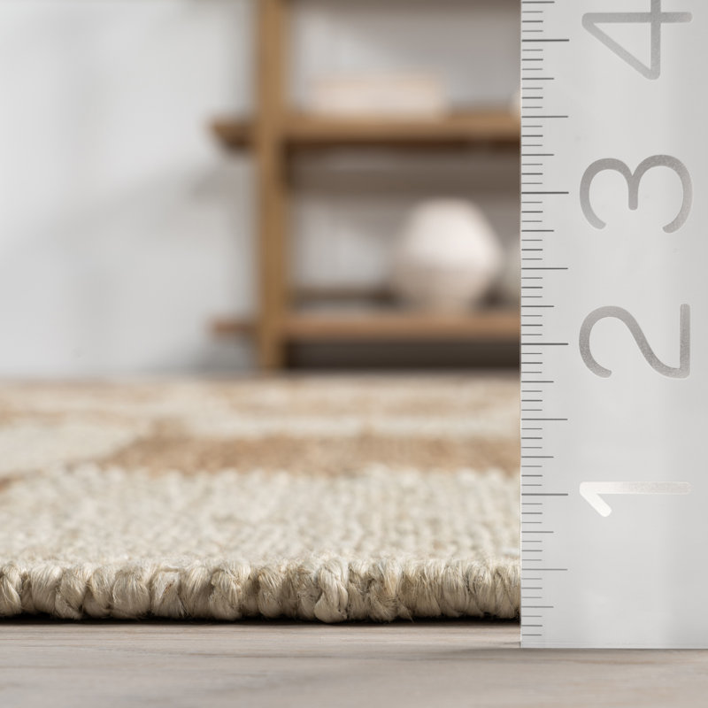 Ivory and Beige Checkered Cotton Jute Rectangular Rug