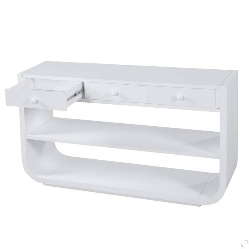 Console moderne courbée avec 3 tiroirs à fermeture en douceur et 2 tablettes ouvertes, base en bois massif, table de vestibule pour le vestibule du salon