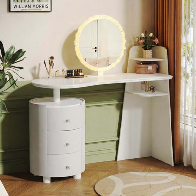 Light Luxury Dressing Table with 3-Color LED Round Mirror, Rotatable 3-Tier Cylindrical Storage Cabinet, Easy Assembly