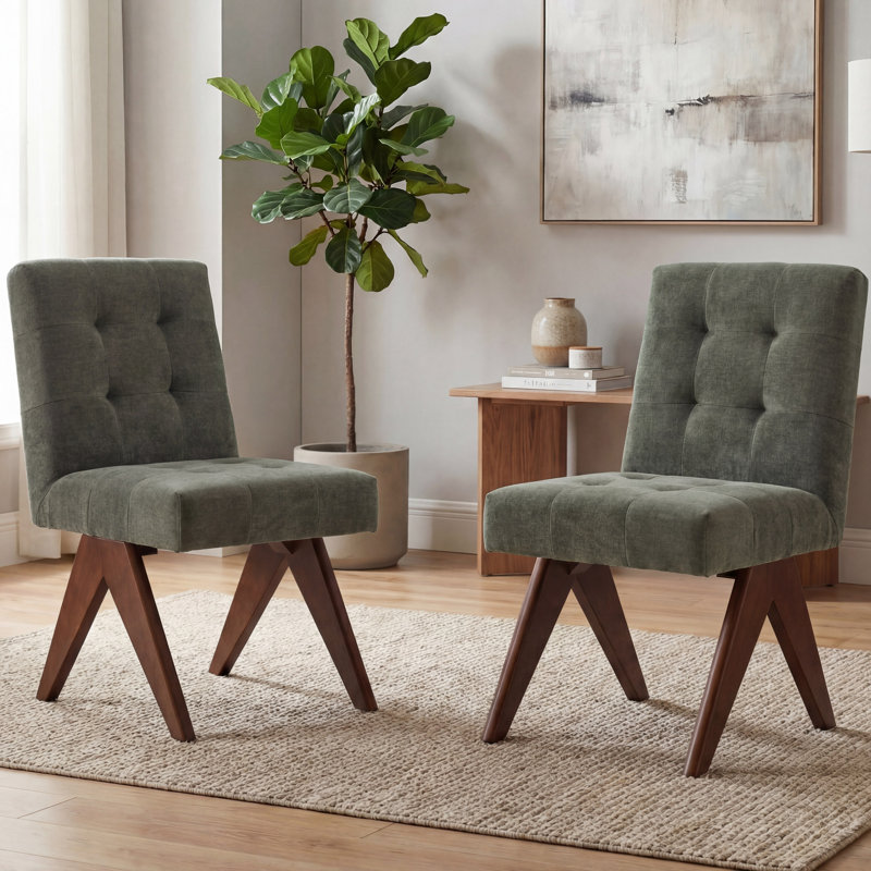 Modern Upholstered Accent Chairs with V-Shaped Wood Legs and Plush Cushioned Seat, Green Linen