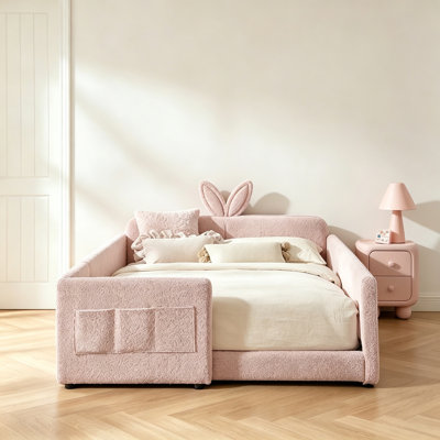 Full Size Cute Rabbit Ear Boucle Platform Bed with Safety Rail & Side Pocket