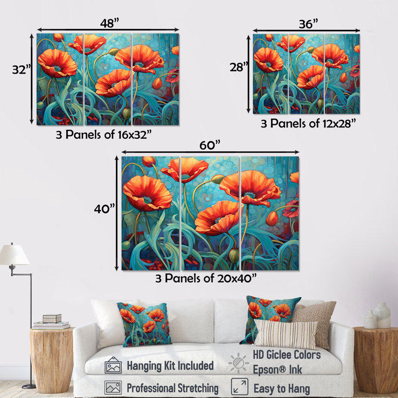 Corail et turquoise coquelicots dansant avec pétales - ensemble de reproductions d'art mural coquelicots, Toile tendue