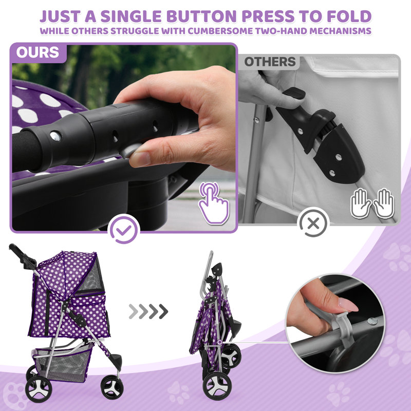 Purple Polka Dot Foldable Pet Stroller with Storage