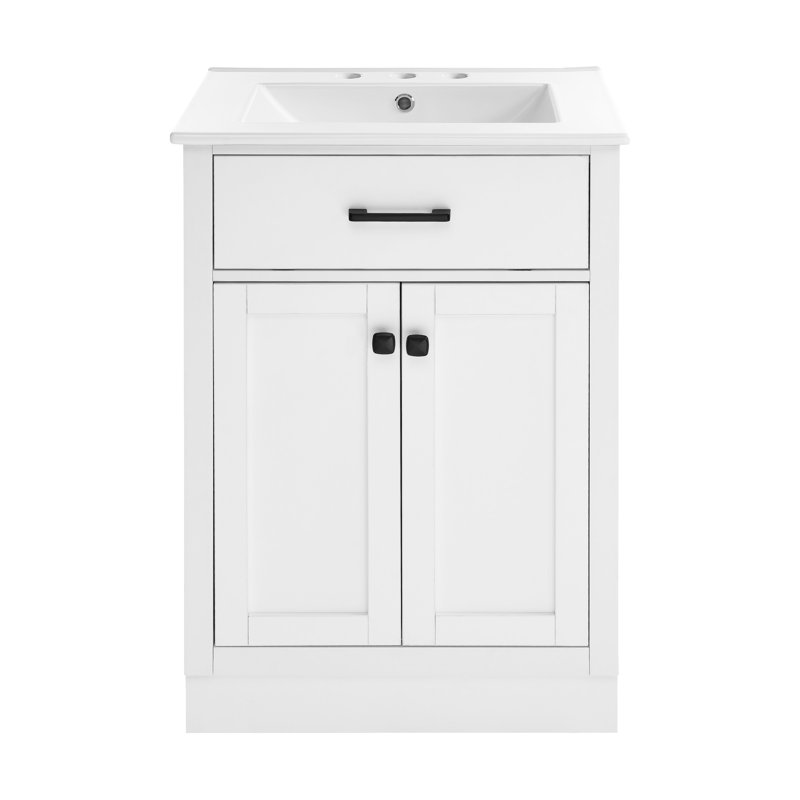 Burdon Meuble-lavabo de salle de bain avec comptoir en céramique à 3 trous, Blanc, Blanc, Chrome poli