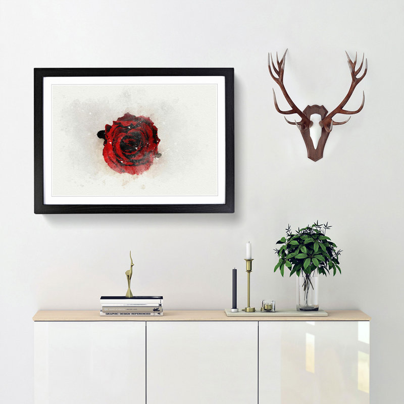 Red Rose in Bloom in Abstract - Picture Frame Graphic Art Print, 27cm H x 36cm W x 2cm D, Black Framed