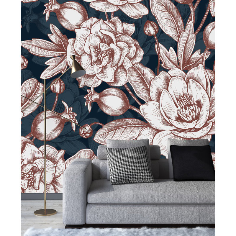 Panneau de papier peint foncé avec grandes fleurs L 10,4 pi x l 125 po