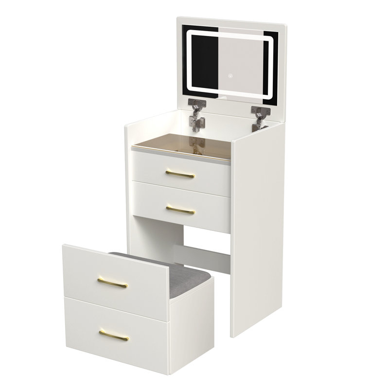 Meuble-lavabo 3 en 1 avec miroir ouvert, petit ensemble de coiffeuse avec bureau en verre visible, coiffeuse compacte avec 3 tiroirs, coiffeuse pour chambre à coucher