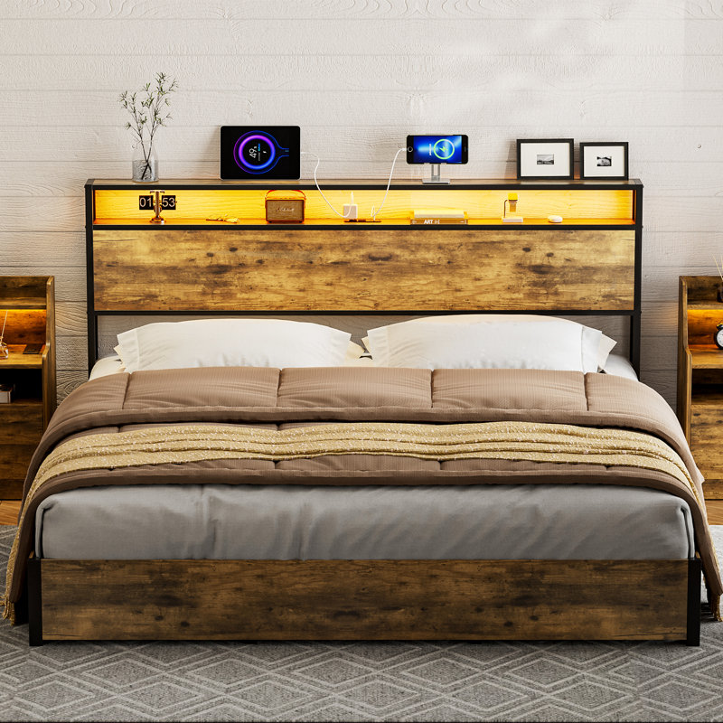 California King Rustic Brown Wood and Metal Storage Headboard with LED Lights