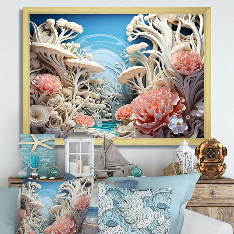 «Coral Sea Anemon Collage», art mural sur toile plage et océan, Cadre doré simple, H 16 po x l 32 po x P 1 po