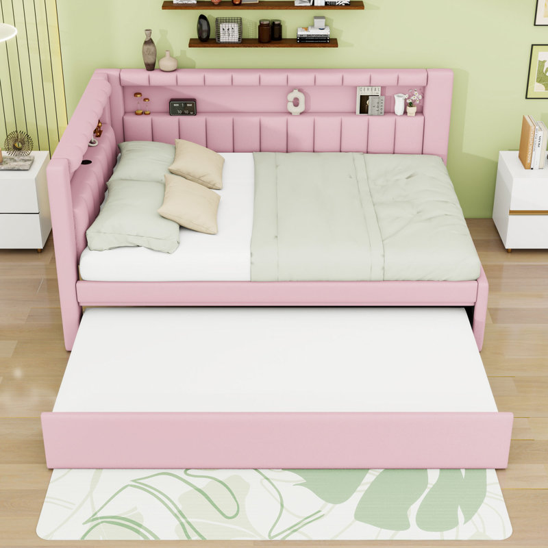 Lit plateforme double tapissier avec ports USB et DEL et lit gigogne, Rose
