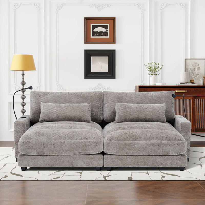 Canapé-lit double surdimensionné en chenille de 91 po avec porte-gobelet, port USB et support de téléphone, Gris