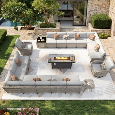 Ensemble de conversation extérieure pour 16 personnes Emroy, ensemble de conversation de patio en osier avec coussins, ensemble de canapé modulaire toutes saisons avec foyer pour jardin, cour arrière