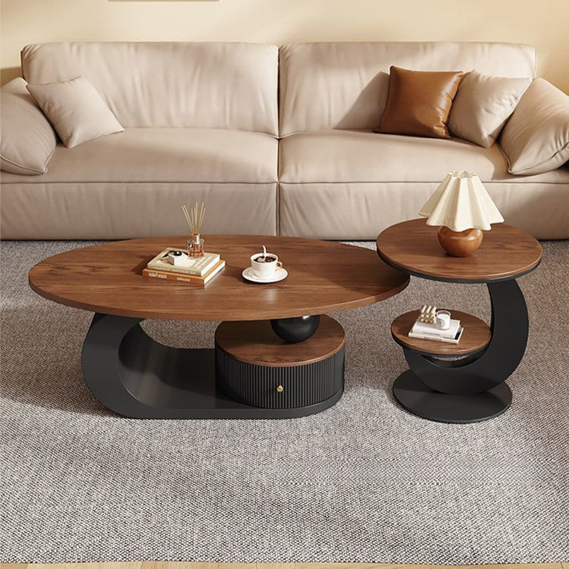 Ensemble de tables basses rondes brunes en bois manufacturé et en fer, 21.65" H x 62.99" W x 27.56" D, Brun et noir