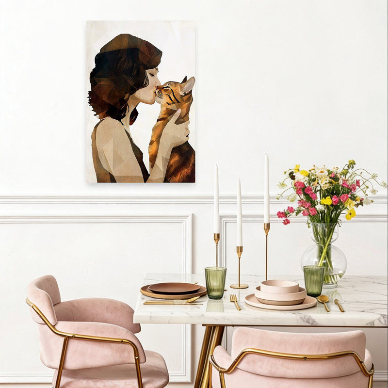 Tender Cat Kiss Romantic Contemporary Cat Wall Art Print 1 Piece Wrapped Canvas Wall Art, 60.96cm H x 40.64cm W