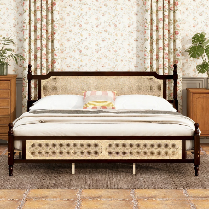 Pine Wood Platform Bed, Bed With Rattan Headboard & Footboard, Central Enhanced Bed Platform Design,No Box Spring Required