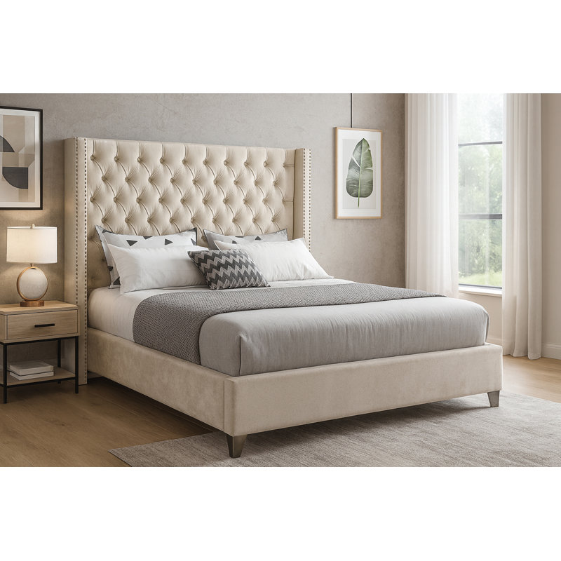 Joclynn Upholstered Bed, Full, Cream Velvet, Chrome