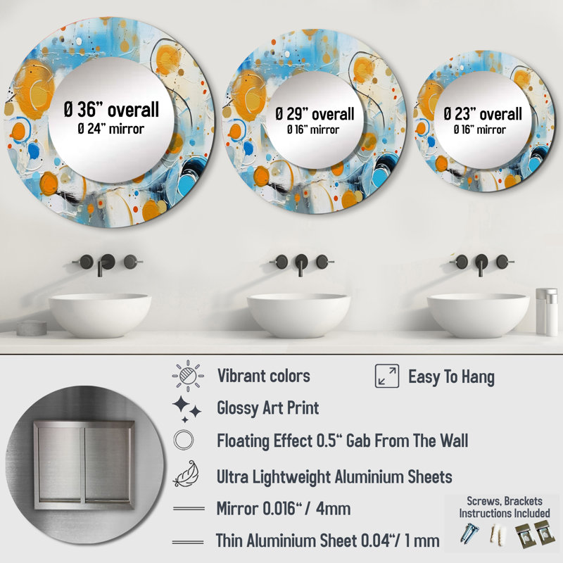 teal white and gold Abstract Combat - Abstract Shapes Decorative Mirror, Modern Round Wall Mirror, Printed Metal Art