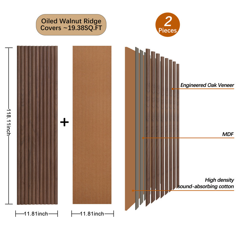 Panneaux muraux à lattes flexibles 3D 118 po × 11,8 po, revêtement mural acoustique à faire soi-même, bois naturel huilé noyer (paquet de 2/19,4 pi²)