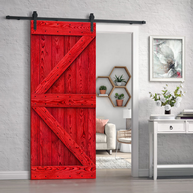 Porte de grange à panneaux et en bois avec quincaillerie d'installation, Rouge, 34 po x 84 po