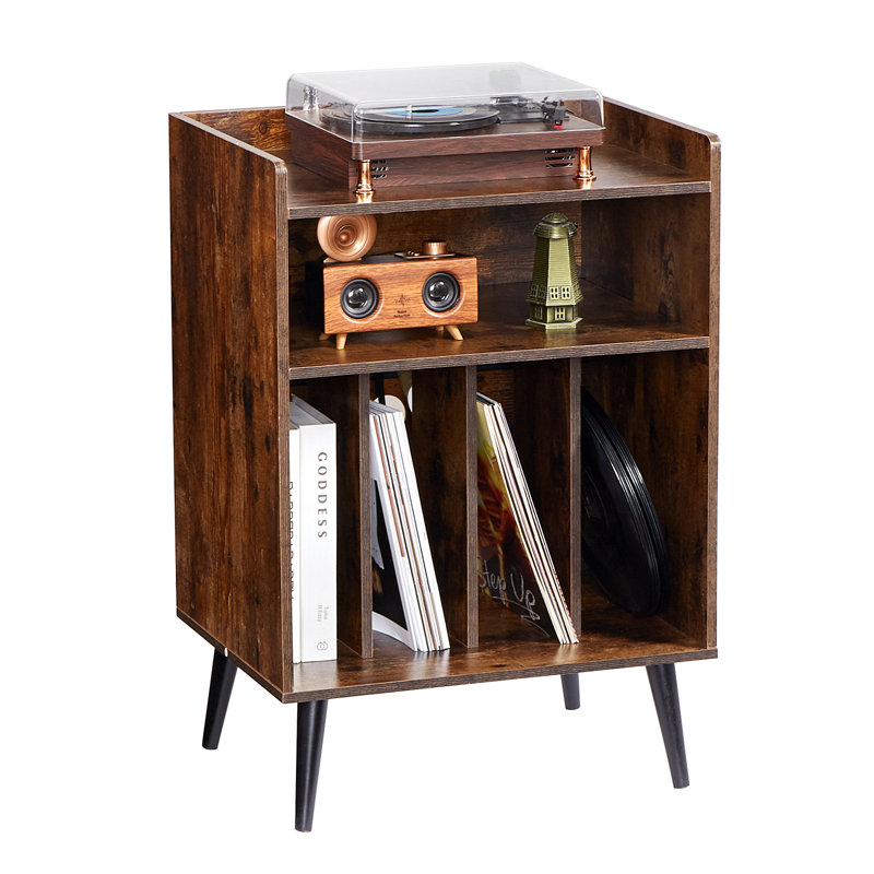 3-Tier Record Player with LED Light & USB Ports Wooden Vinyl Shelf Brown