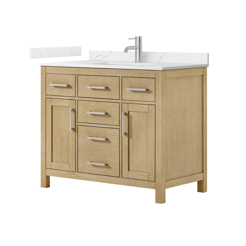 Beckett 42" Freestanding Single Bathroom Vanity with Quartz Top, Brushed Gold, Giotto Quartz, Whitewashed Oak