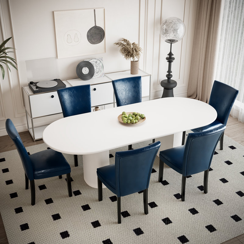Wexford Collection Set of 2 Mid-Century Modern Parsons Dining Chairs, Upholstered Faux Leather Dining Chairs with Solid Wood Legs, High Back Side Chairs for Dining Room, Kitchen or Breakfast Nook, Blue