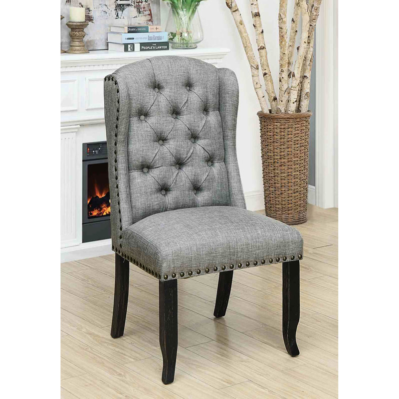 Chaise d'appoint 2 pièces pour salle à manger de style rustique, finition noire et grise antique, bouton à oreilles avec garniture cloutée, tissu en bois massif, pièce d'une hauteur de 42,5 po, couleur, tissu inspiré du lin