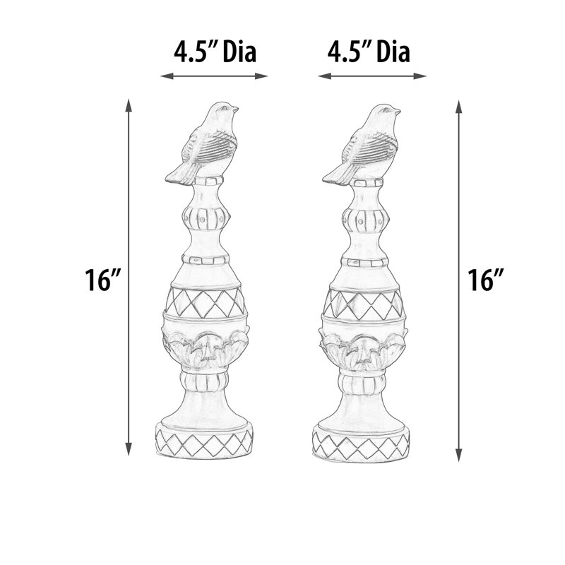 15.75in Spire Pillar With Bird Set Of 2 