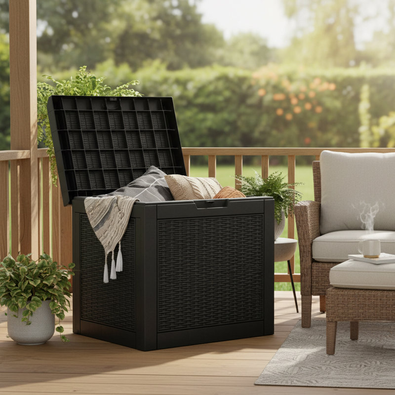 32 Gallon Water Resistant Resin Deck Box with Lockable Lid for Garden Tools, Pool Supplies, Black