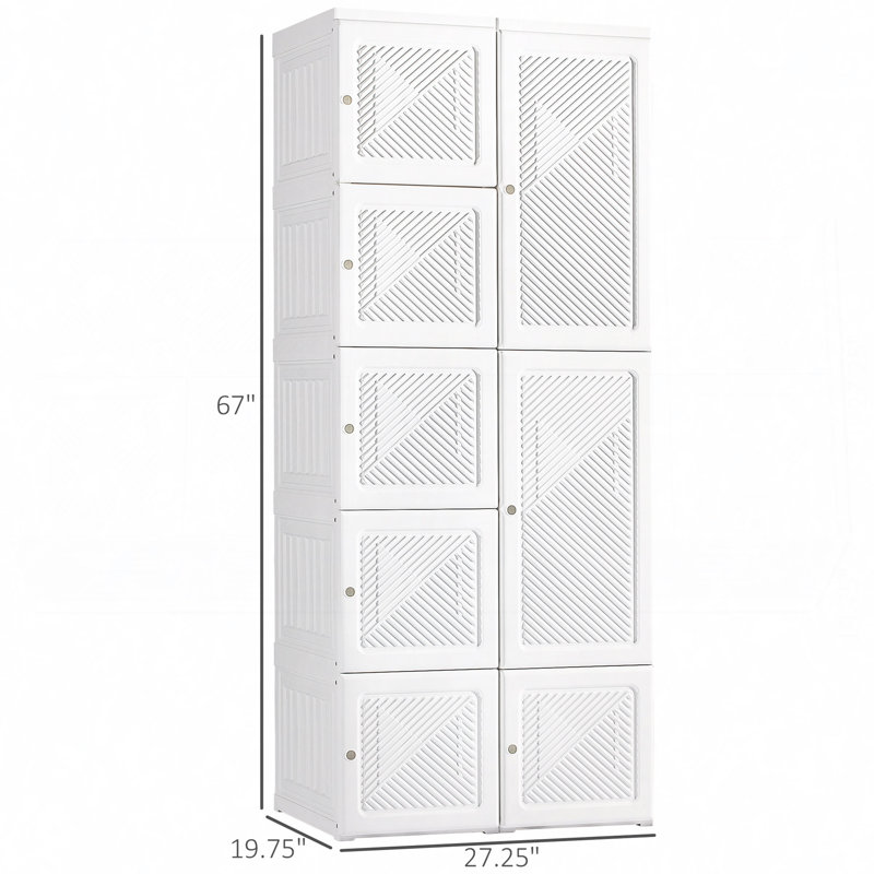 Armoire-penderie portative, armoire de chambre pliante, rangement pour vêtements avec compartiments à cubes, tringle à vêtements, portes magnétiques, blanc