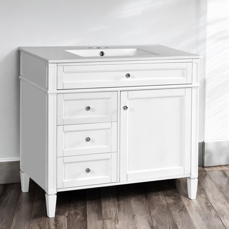 Meuble-lavabo simple 36 po avec comptoir en céramique, assemblage requis, Blanc