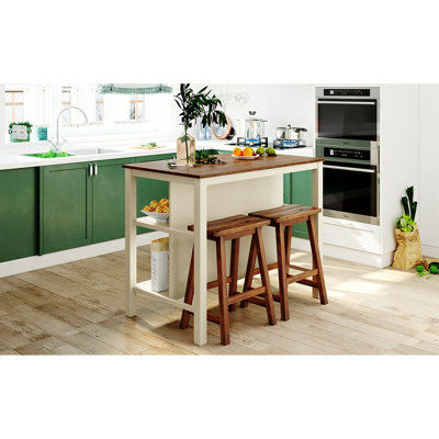 Ensemble d'îlot de cuisine 3 pièces 45 po avec 2 sièges, ensemble de table de salle à manger en bois d'hévéa avec 2 tablettes ouvertes pour petits espaces, noyer + blanc crème, îlot de cuisine