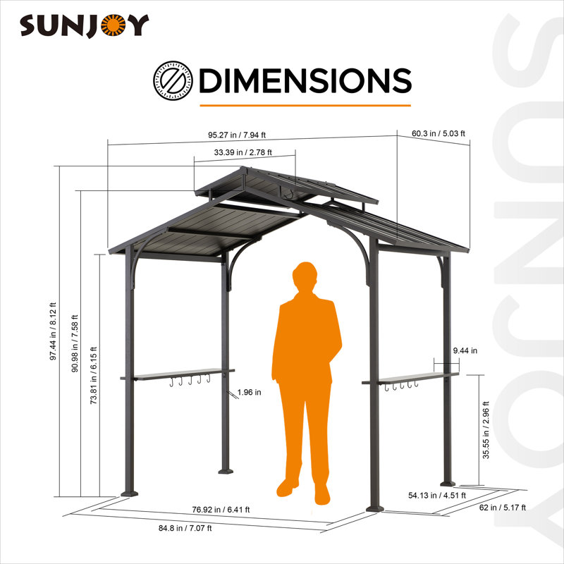 Sunjoy 5 ft. x 8 ft. Steel 2-tier Grill Gazebo Hardtop Brown Steel Frame Gazebo with Ceiling Hook and Shelves