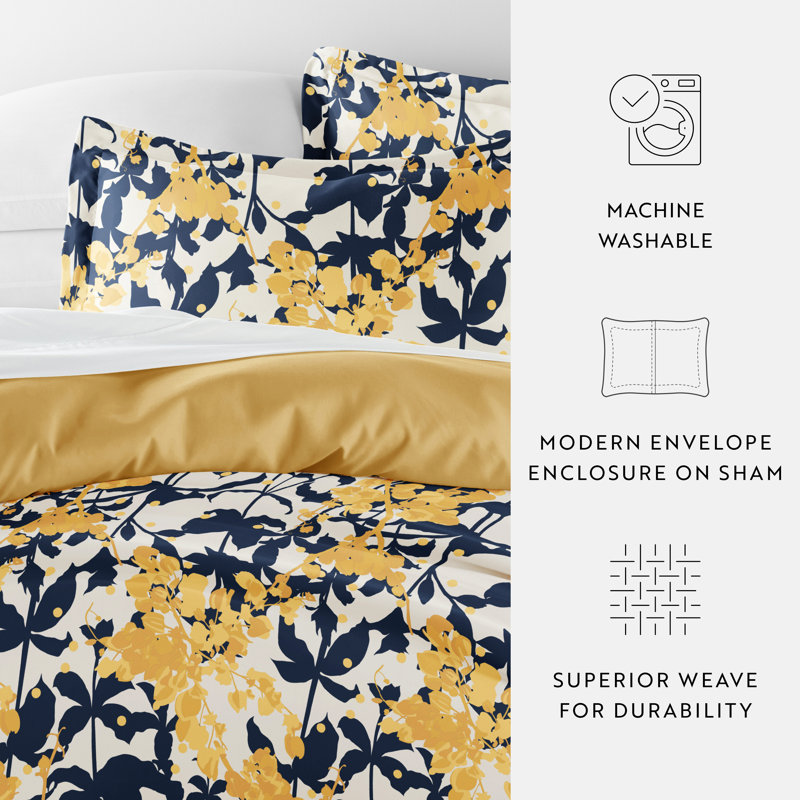 Yellow and Navy Boho Flower Reversible Full/Queen Duvet Cover Set