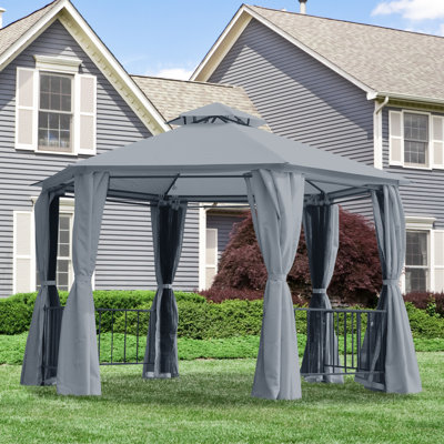 Outsunny 13Ft Hexagon Gazebo Outdoor Canopy Shelter With Netting And Shaded Curtains Grey