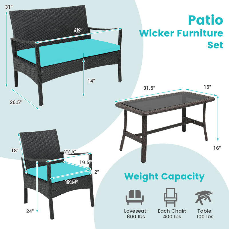 Shippensburg 4 - Person Patio Conversation Set with Cushions, Black Frame/Turquoise Cushion