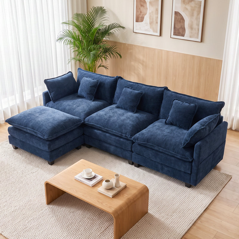 109" Modular Chenille Sectional Sofa with Movable Ottoman, Deep Seats, Side Pockets & 5 Pillows, Blue Chenille