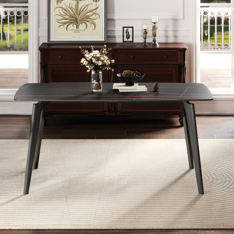 Table de salle à manger rectangulaire 63,61 "moderne avec pierre frittée, pieds en métal gris foncé, - finition grattée, panneau à haute dureté, pour 6 à 8 convives avec style, surface en pierre, teinture, température, sièges