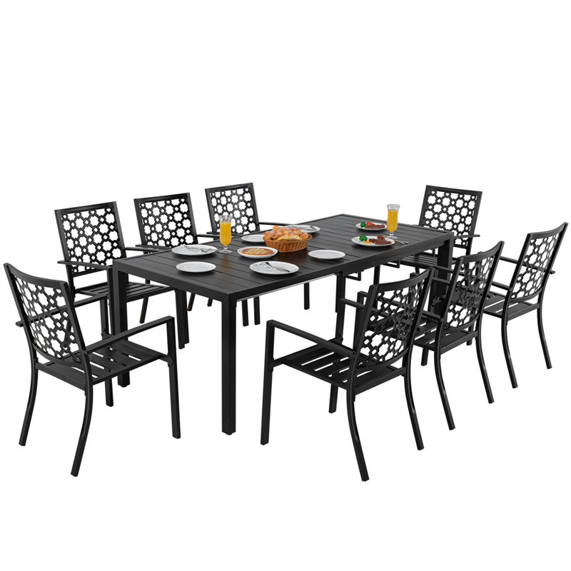 MEOOEM 9-Piece Sturdy Metal Outdoor Dining Set,8 Metal Patio Chairs, 79” Expandable Table, Patio Furniture for Backyard, Courtyard & Deck Gatherings