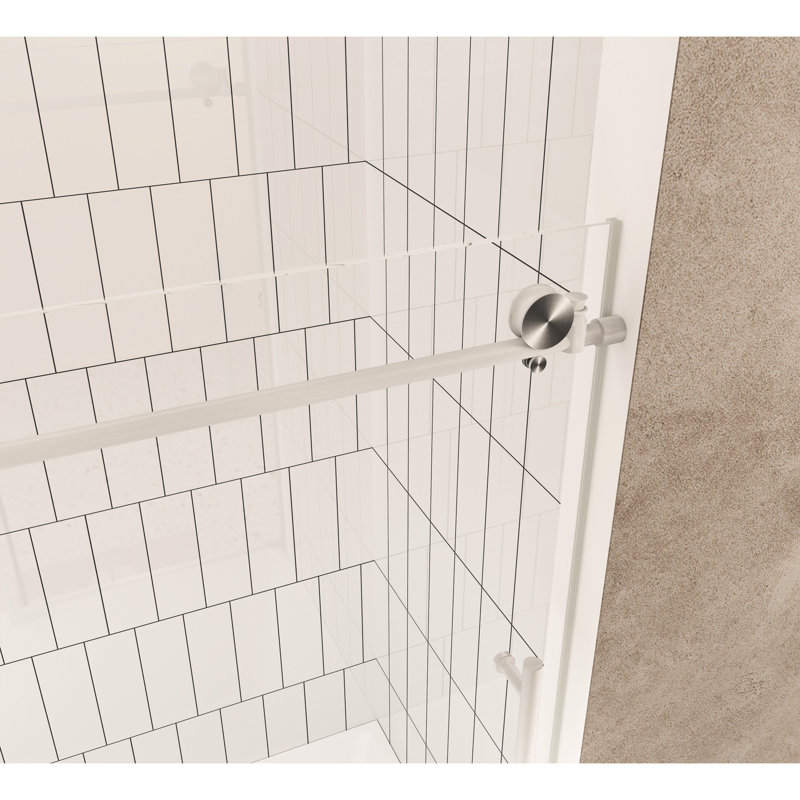 Shower Door 56 - 60" W X H, 1/4" Clear Tempered Glass, Proof , Stainless Steel Gentle Hold Handle, Brushed Nickel Exterior Water Blocking Ridge For Dry Zone Enclosure, Soft Touch Facet Edge