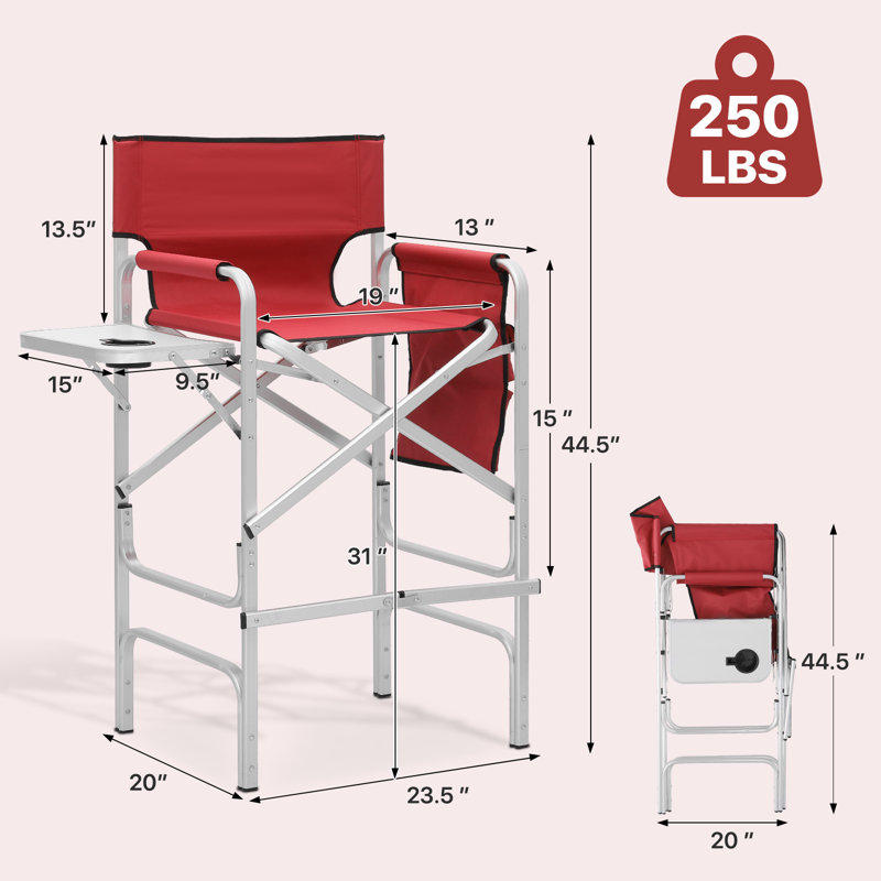 31" Seat Height Tall Folding Camping Chair Directors Chair Foldable Bar Stool with Cup Holder, 250 lbs Capacity, Red