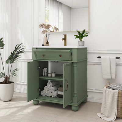 28 - Inch Bathroom Vanity With Roman Column Base, P2 Grade Storage, Height Adjustable Shelves Mid Century Sink, Metal Handles, Deep Basin To Avoid Water Splash