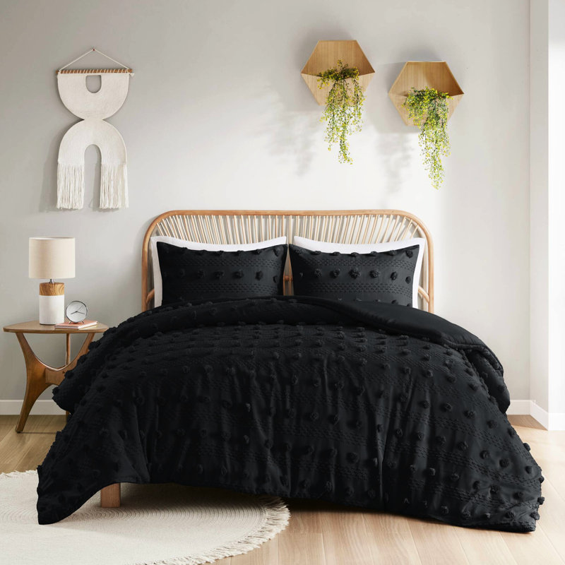 Housse de couette 3 pièces double / grand noir avec pince et attaches intérieures en microfibre