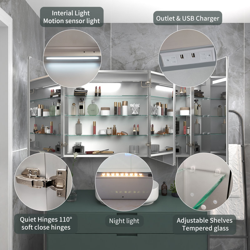 Amreece 48'' W Frameless LED Medicine Cabinet with Mirror and 6 Adjustable Shelves, 32" H x 48" W x 5.25" D