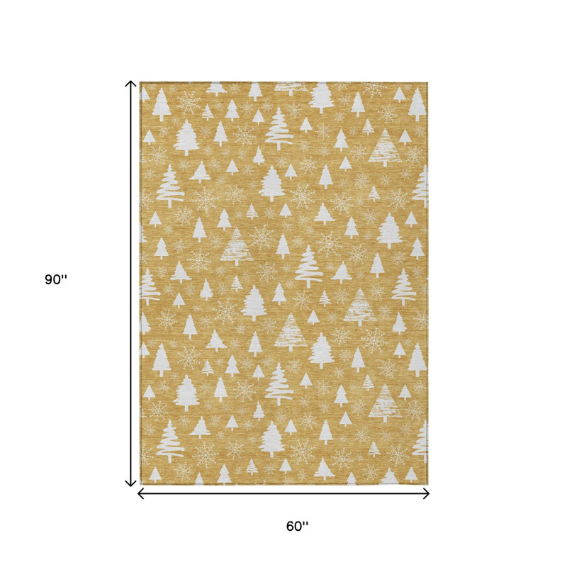 Tapis intérieur/extérieur lavable à motif flocons de neige dorés et ivoire, 152 x 244 cm